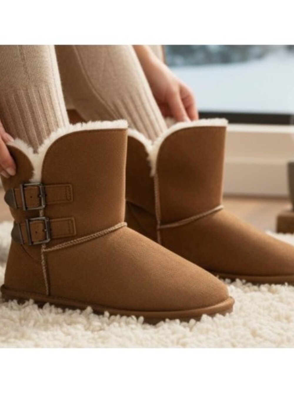 Brown Buckle Trim Fur Lined Brown Suede Boots Ladies Size 8